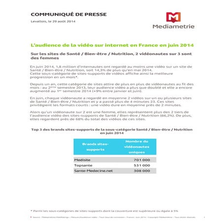 L'audience de la Video sur internet en france - juin 2014 - Mediametrie