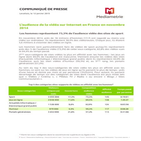 L'audience de la video sur internet en france - Novembre 2014 - mediametrie