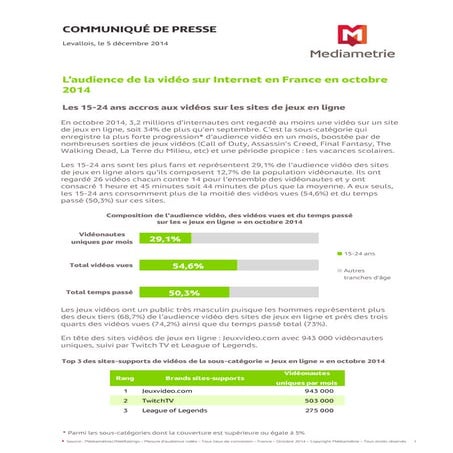 L'audience de la video sur internet en france - Octobre 2014 - mediametrie