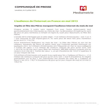 L’audience de l’internet en france en mai 2013 - Médiamétrie