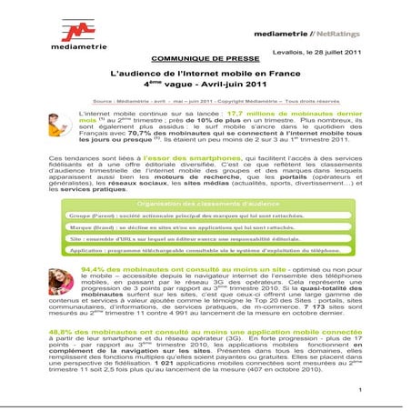 L’audience de l’internet mobile en france - 4ème vague - Avril Juin 2011