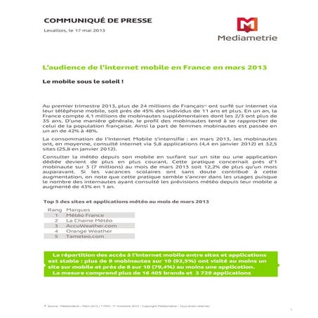 L'audience de l'internet mobile en france - Mars 2013