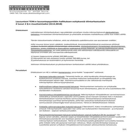 Lausunto lasse akerblad tilintarkastuslain 2 2 muutos