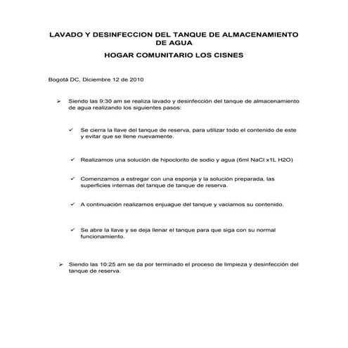 Lavado y desinfeccion del tanque de almacenamiento de agua