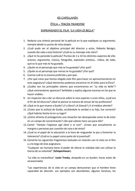 La Vida Es Bella Cuestiones Para El Análisis