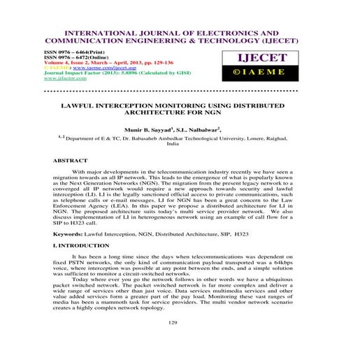 Lawful interception monitoring using distributed architecture for ngn 2