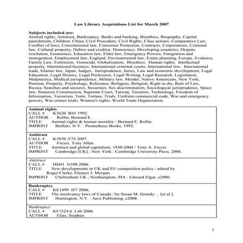 Law library acquisitions list for march 2007