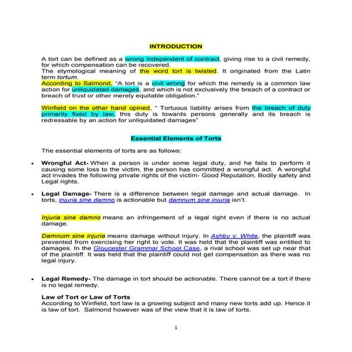 A brief explanation on the  law of torts introduction