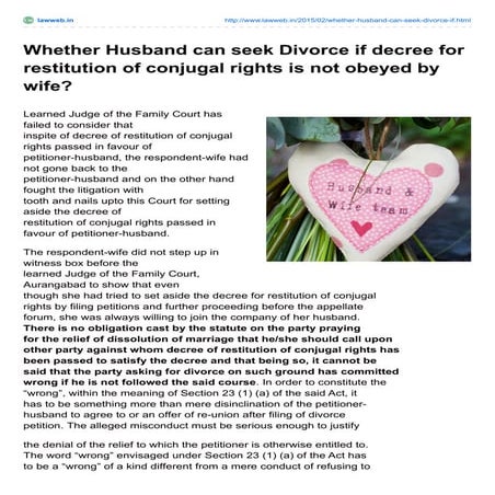 Lawweb.in whether husband can seek divorce if decree for restitution of ...