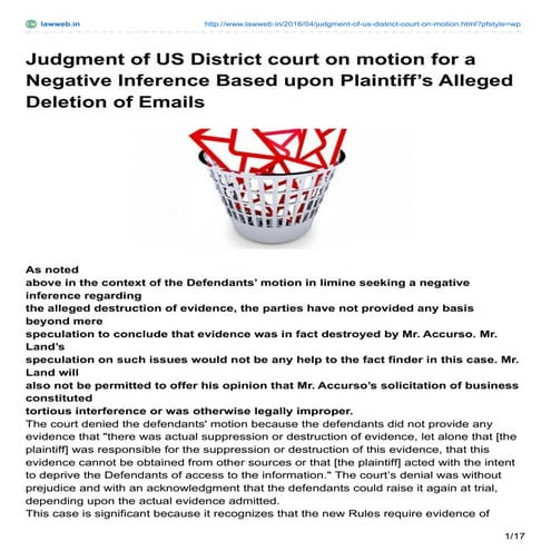 Lawweb.in judgment of us district court on motion for a negative inference ba...