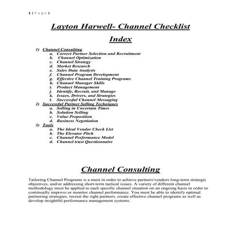 Channel Checklist for Vendor Channel/Partner Managers