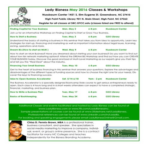 Lady Bizness May 2016 Schedule at GTCC SBC 