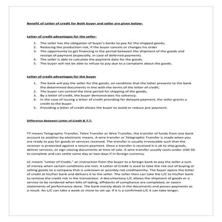 Difference between Letter of credit and Telegraphic Transfer (T.T)