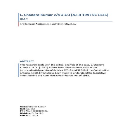 L. Chandra Kumar v/s U.O.I [A.I.R 1997 SC 1125]- IRAC | DOCX