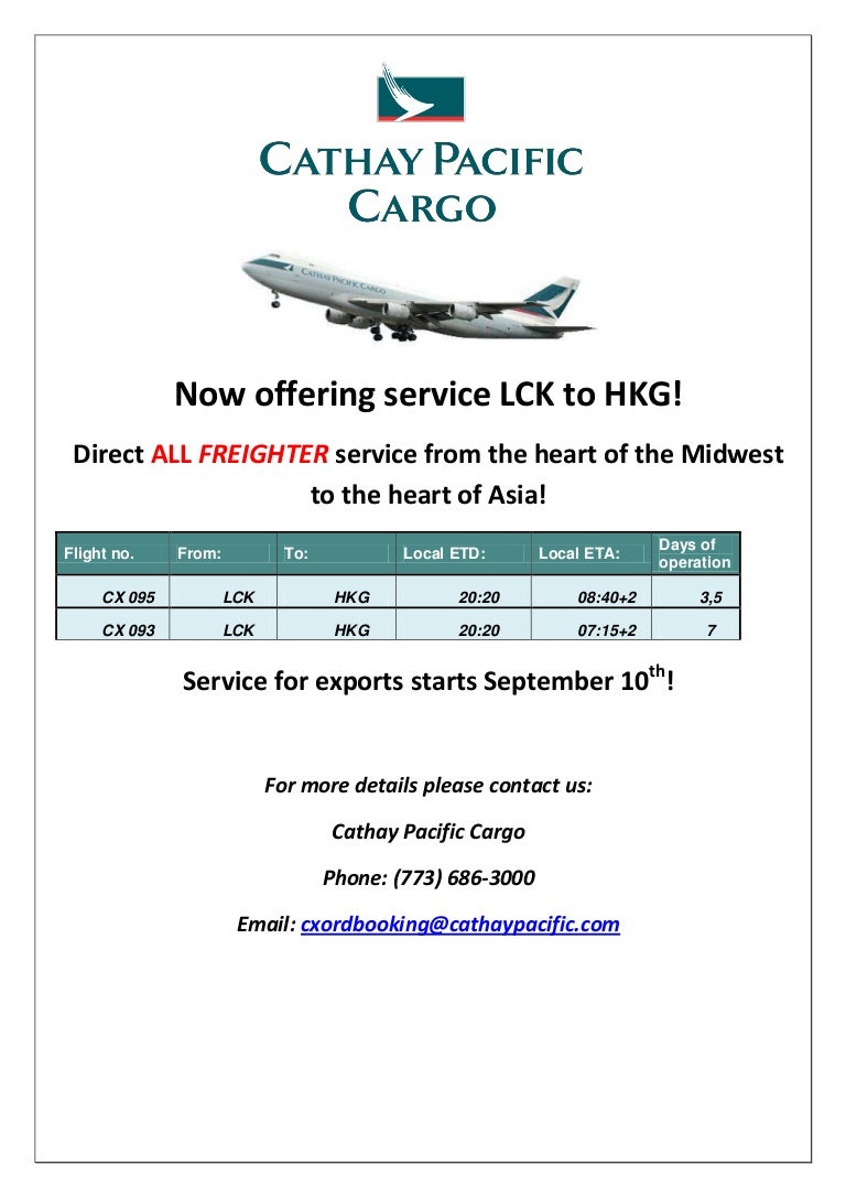 Cathay Pacific Cargo Rickenbacker to Hong Kong Schedule