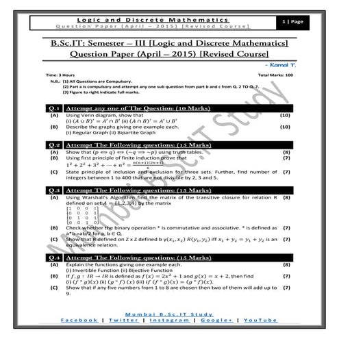 [Question Paper] Logic and Discrete Mathematics (Revised Course) [April / 2015]