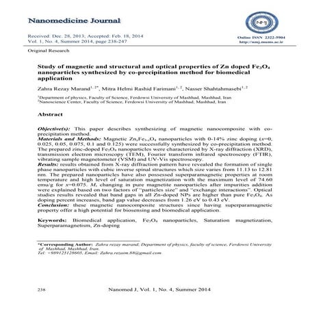 Study of magnetic and structural and optical properties of Zn doped Fe3O4 nan...
