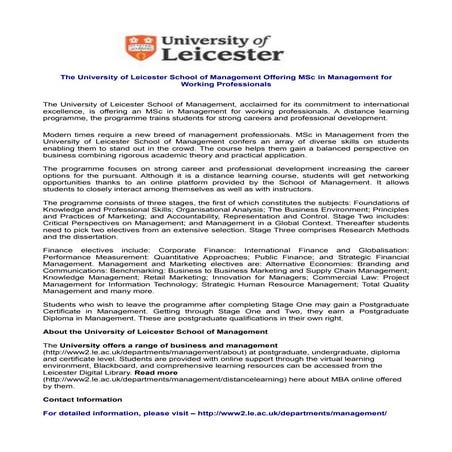 The University of Leicester School of Management Offering MSc in Management