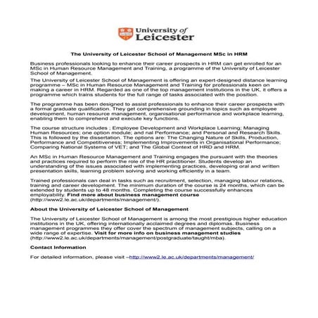 The University of Leicester School of Management MSc in HRM