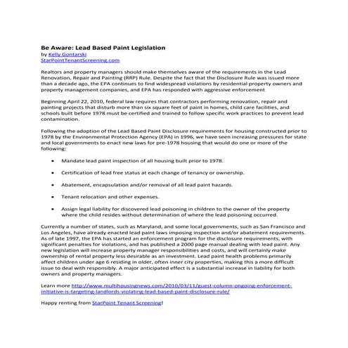 Lead based paint legislation