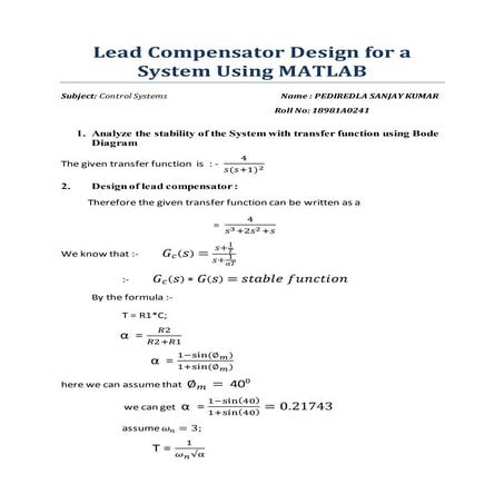 LEADCOMPENSATOR DESIGN FOR A SYSTEM USING MATLAB  