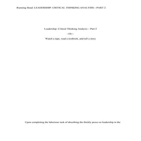 Leadership:  Critical Thinking Analysis- Part 2