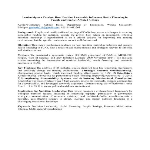 Leadership as a Catalyst How Nutrition Leadership Influences Health Financing...