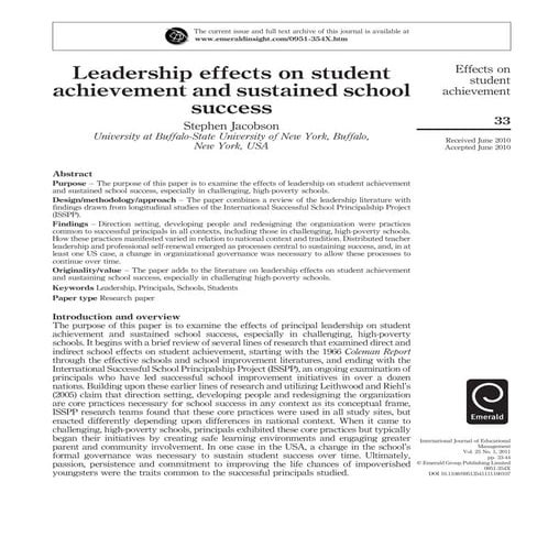 Leadership Effects On Student Achievement And Sustained School Success