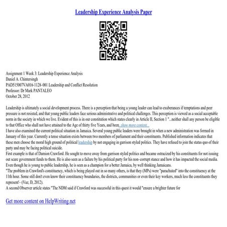 Leadership Experience Analysis Paper