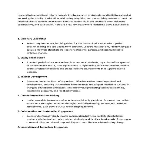Leadership in educational reform typically involves a range of ...