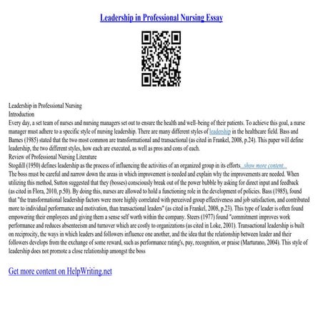 Leadership In Professional Nursing Essay