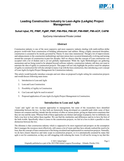 Leading construction industry to lean agile (le agile) project management