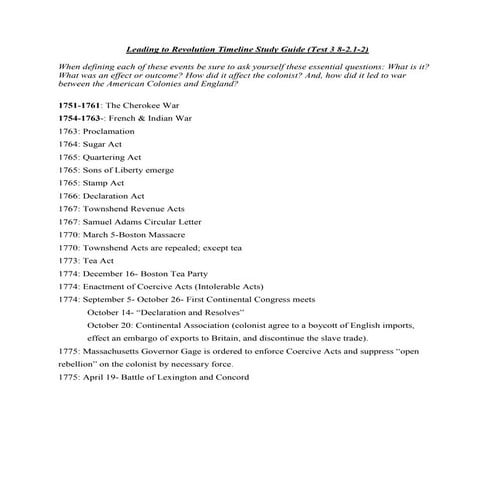 Leading to revolution timeline study guide