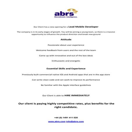 Lead mobile developer job from abrs