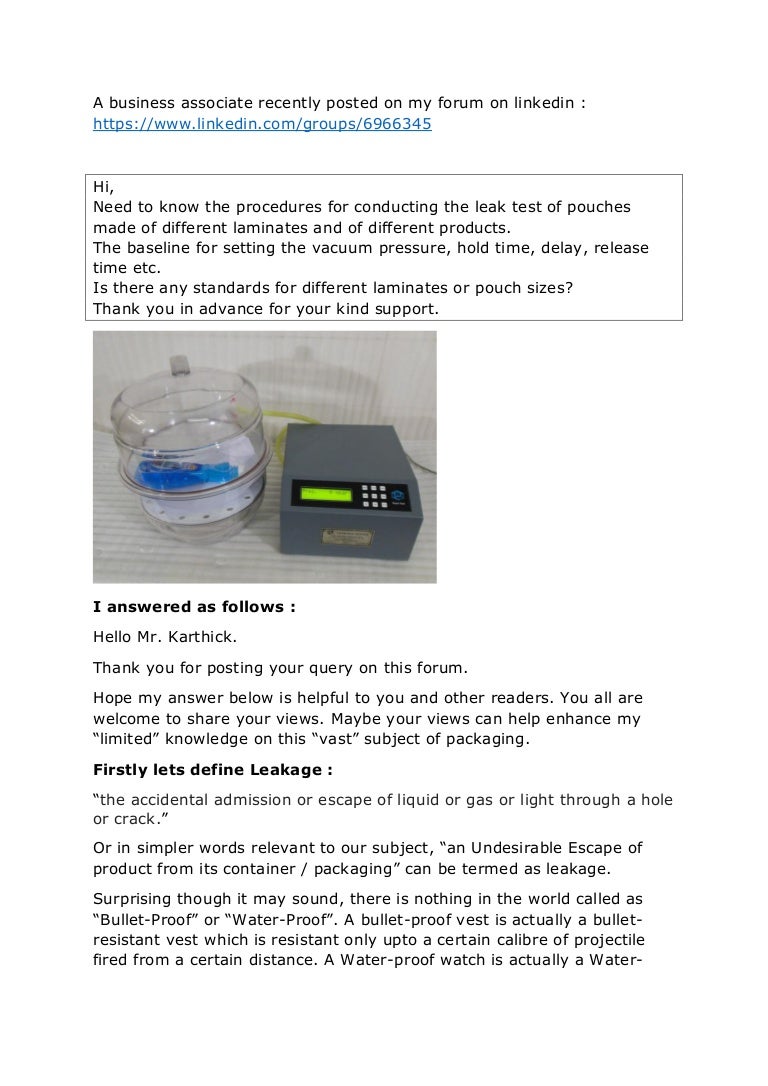 Packaging Leakage Test (Vacuum Leakage)