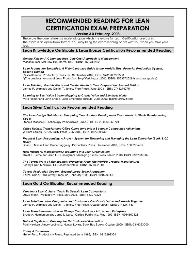 SME AME Shingo Prize Lean Certification Readings