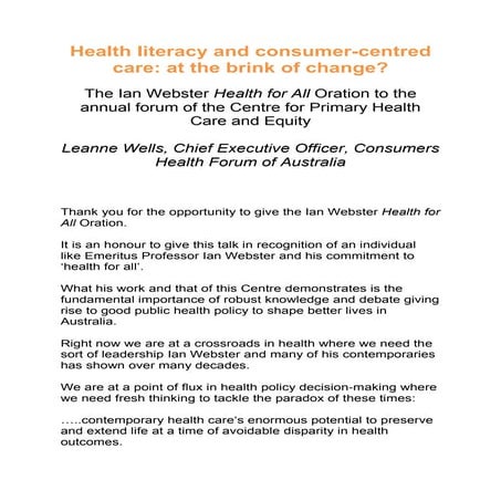 Health literacy and consumer-centred care: at the brink of change?
