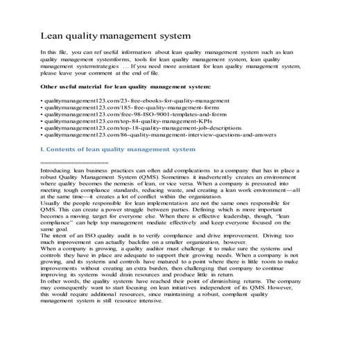 Lean quality management system