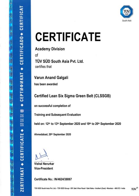 Lean six sigma certification Green Belt by TUV SUD Varun Galgali PDF Lean six sigma certification Green Belt by TUV SUD Varun Galgali PDF