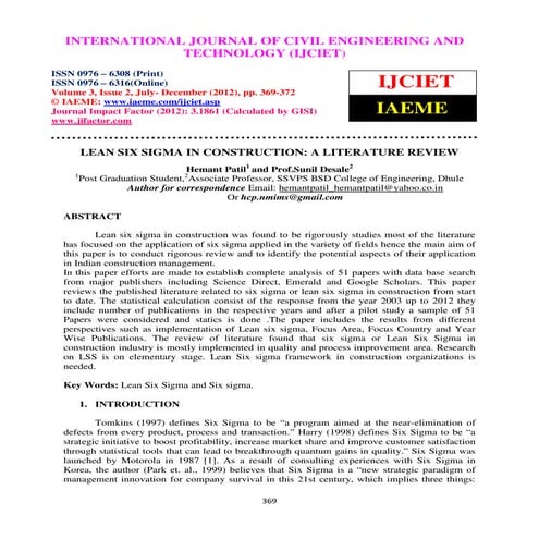 Lean six sigma in construction a literature | PDF