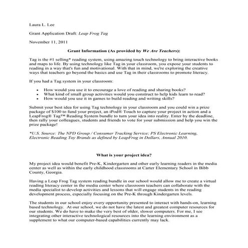 Leapfrog tag, i pod touch, $100 funding grant