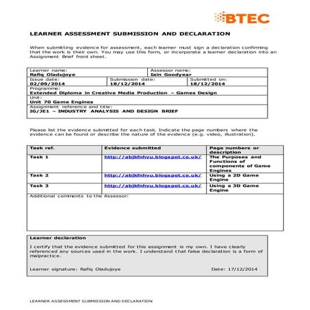 Learner assessment submission declaration