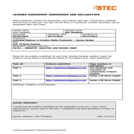 Learner assessment submission declaration