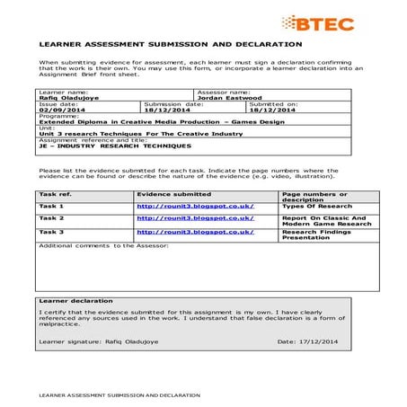 Learner assessment submission declaration