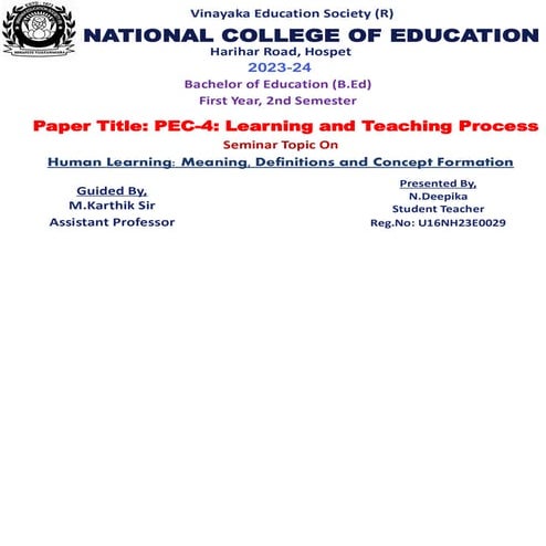 Human learning: meaning and definitions of learning and Concept formation