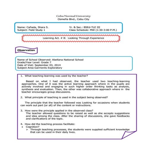 Learning act# 8 looking through experience