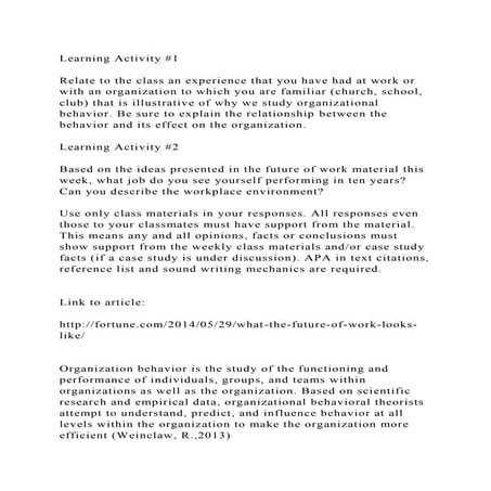 Learning Activity #1Relate to the class an experience that you h.docx