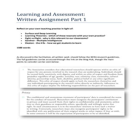 Learning and assessment written assignment part 1