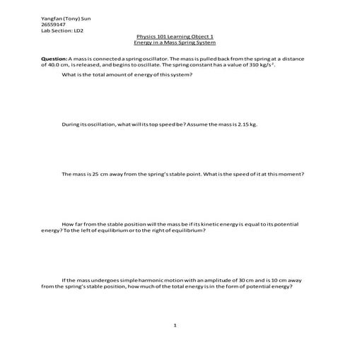 Learning Object #1 Energy in a Mass Spring System