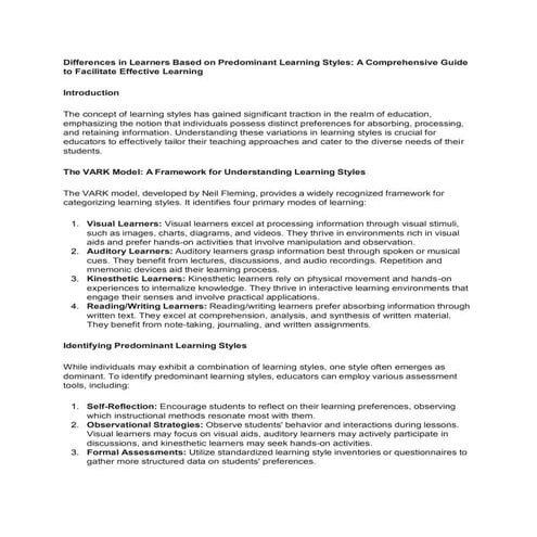 Differences in Learners Based on Predominant Learning Styles.